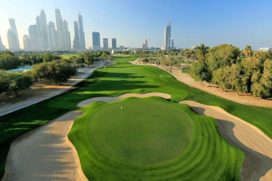 Dubai golf course overlooking skyline